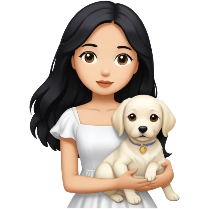 A beautiful girl with long black hair and a white dress is holding a white Labrador emoji