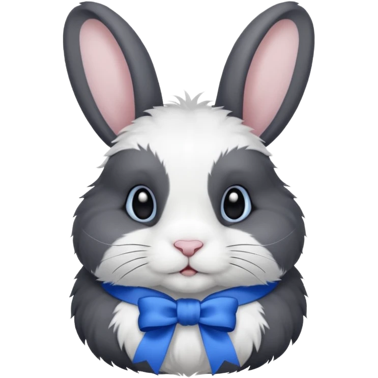 a white and black realistic domestic rabbit with a blue ribbon on its neck emoji