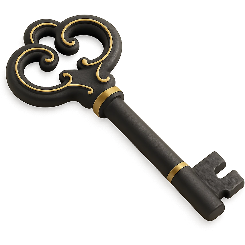 an ornate vintage skeleton key in 3D black style emoji