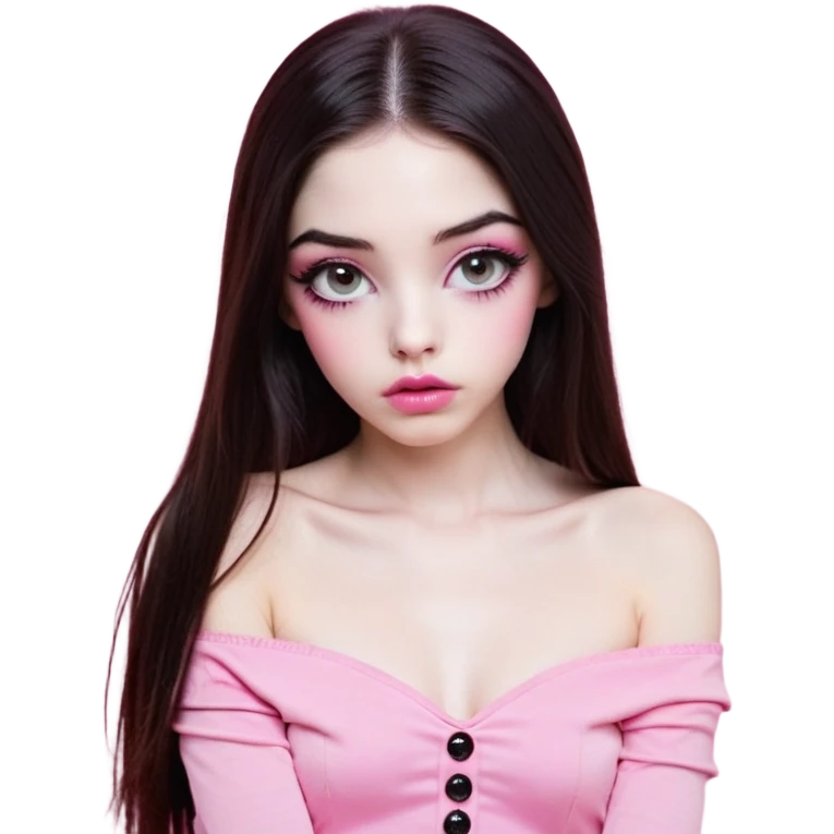 girl with white skin, dark brown long straight hair with middle part falling in front of her body, very big pouty extra shiny lips with absolutely no cupid's bow, big round shiny eyes with black eyeballs and huge eyelashes, lighter button nose, very long oval-shaped face, wearing a pink off-shoulder top, looking directly at camera with hands down at sides emoji