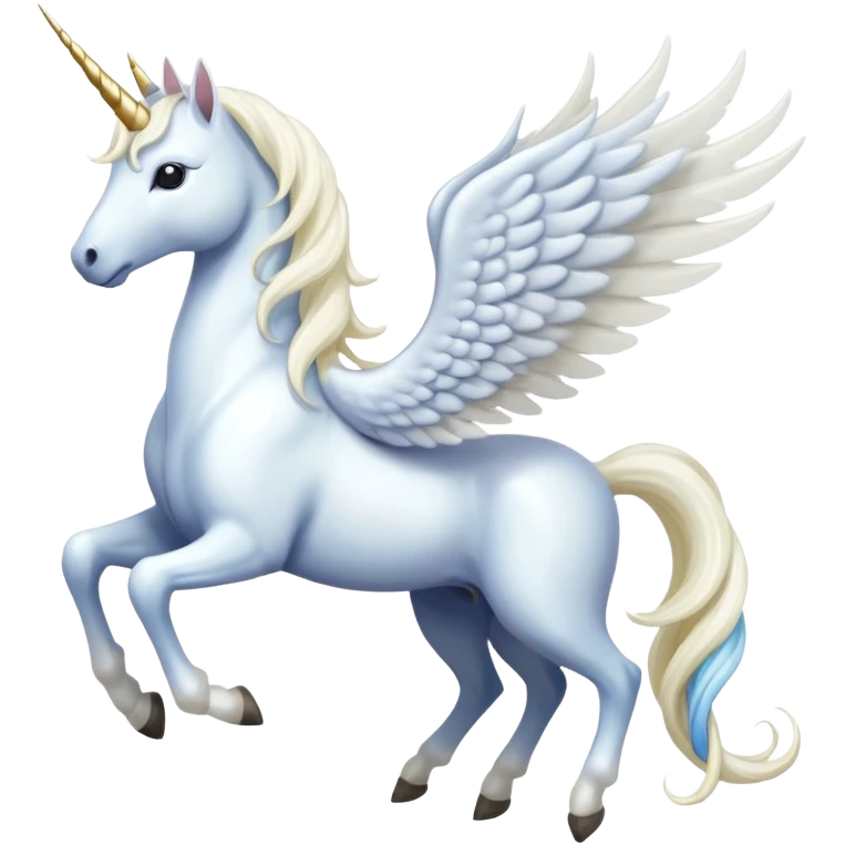 All white Cinematic Noble Unicorn with wings, slender with a flowing mane and tail and spiraled horn emoji