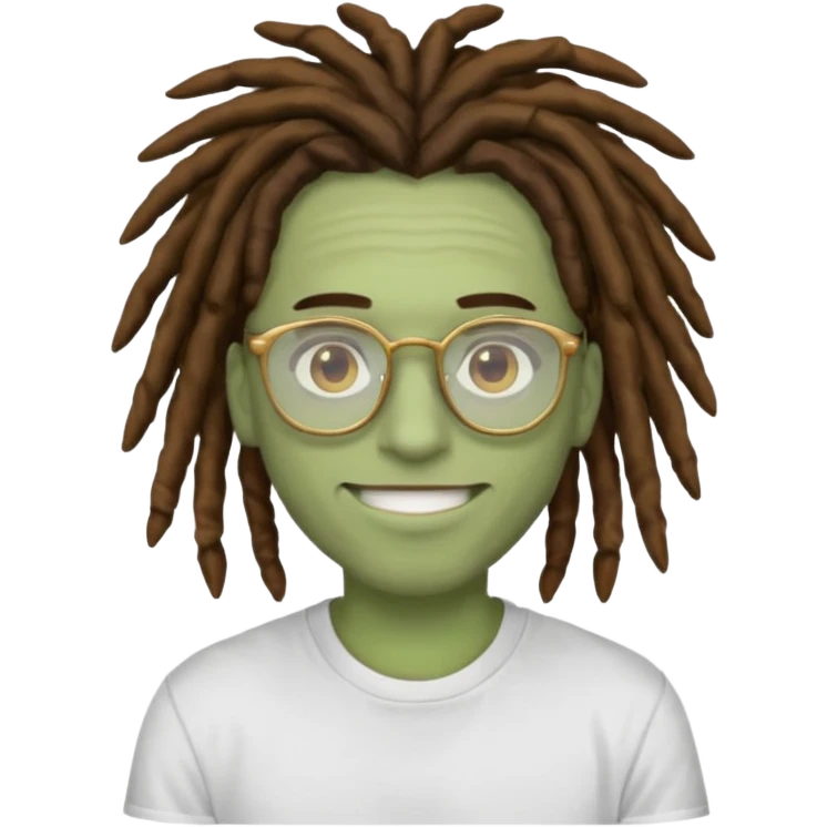 man with brown dreads white tee golden eyes light green skin glasses and white smile emoji