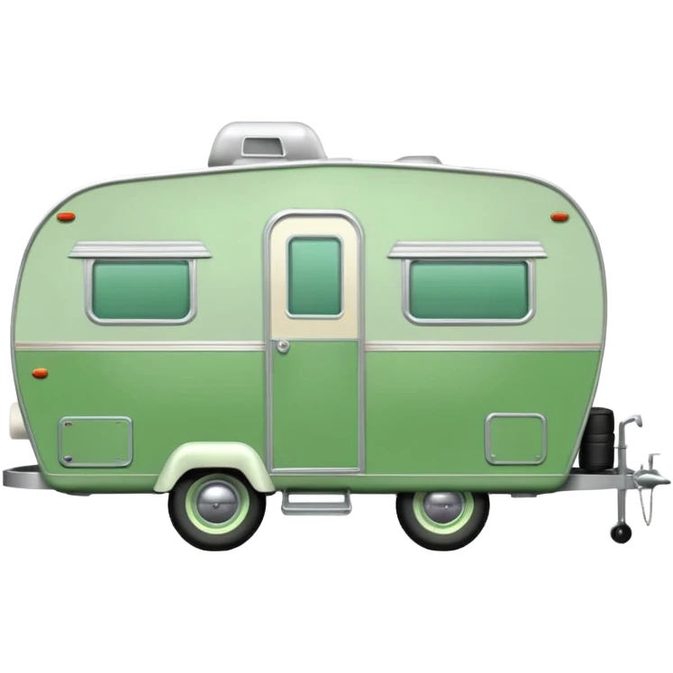 1960s Shasta trailer, single axle wheels, colored all green, the same green shade as movie trailer green preview card, light grey tires and grey hitch emoji