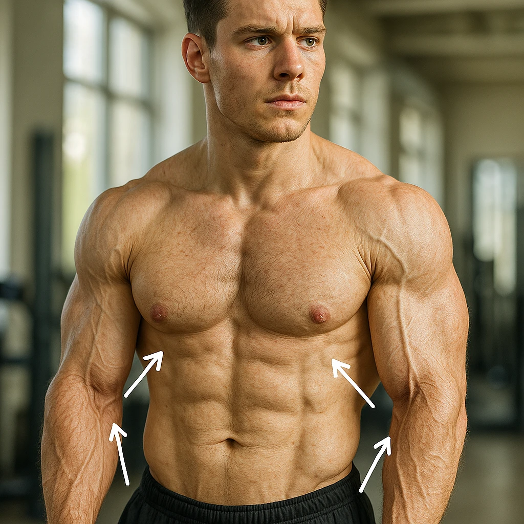 young 25-year-old bodybuilder with low collagen, hyper realistic style, sculpted muscles, less elastic skin on arms, arrows indicating collagen escape, realistic details, bright environment emoji