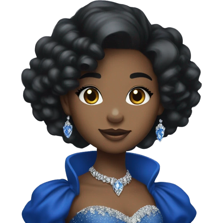 A young black princess with a royal blue dress and gloves, with black puffy hair with diamond hair accessories,and diamond jewelry emoji