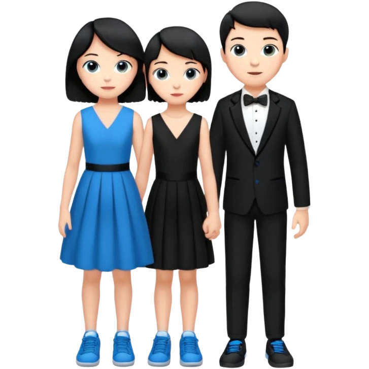 generate a pretty bratz fair skinned boy with short black hair wearing a black tux with blue sneakers .with a girl in a pink dress emoji