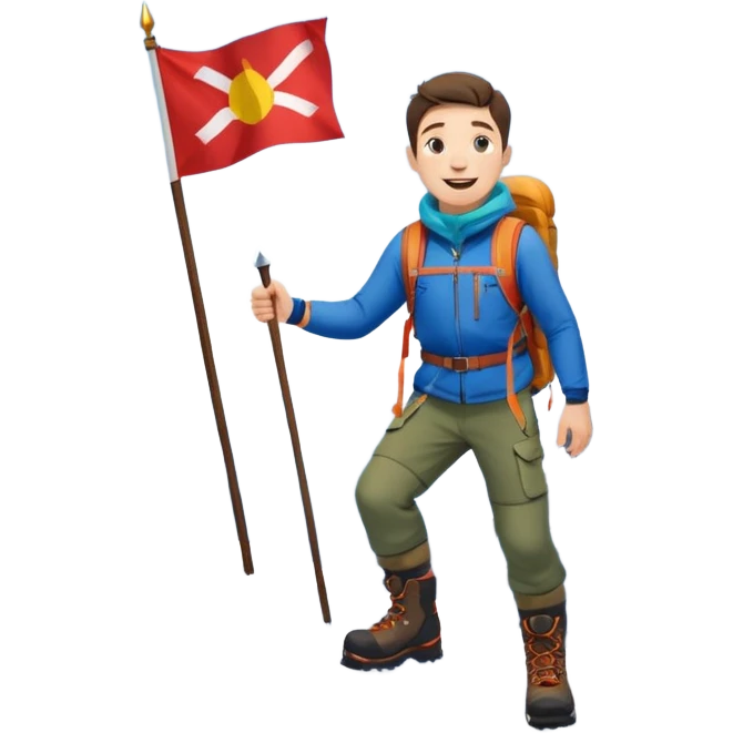 joyful guy on a mountain summit with a flag, snow at his feet, the mountain is clearly visible under his legs emoji