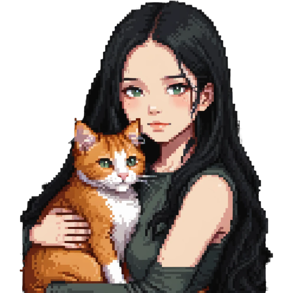 Beautiful girl with long black hair hugs a ginger cat emoji