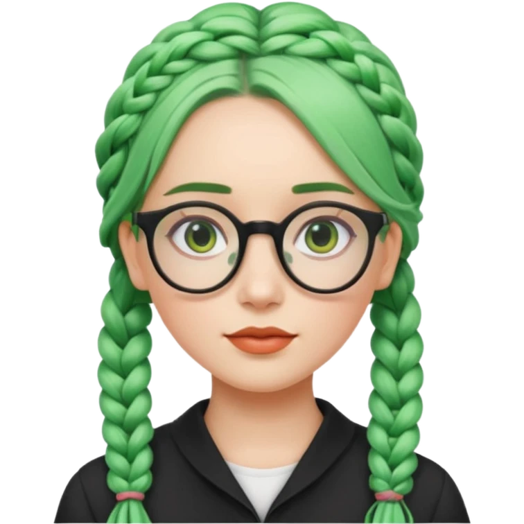 woman with green hairs, braids and  rectangle spectacle, big visible braids and unique face shape, rectangle spectacles emoji