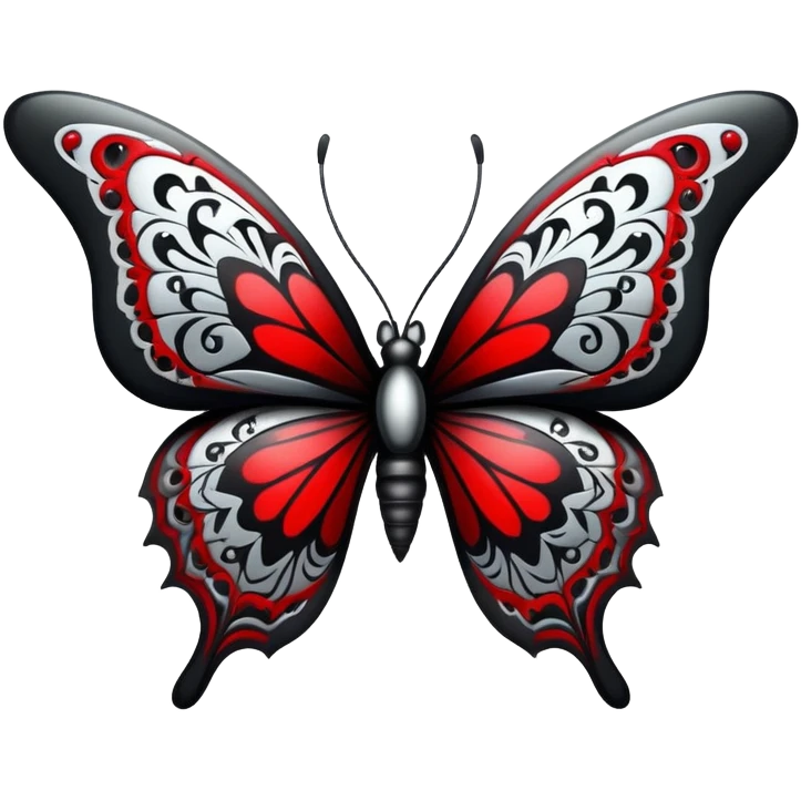 Badass emo gothic punky butterfly black and silver with intricate red and white patterns  emoji