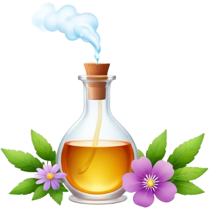 Perfume making icon, delicate glass bottle being filled with colorful essential oils from droppers, swirling mist rising from the bottle, flowers and herbs nearby, minimalistic style, clean lines, transparent background. emoji