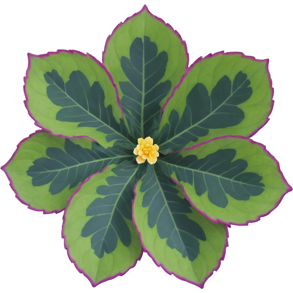 Close-up of Begonia Rex leaf center showing pronounced spiral pattern, dark green leaf with purple edges and white spots emoji
