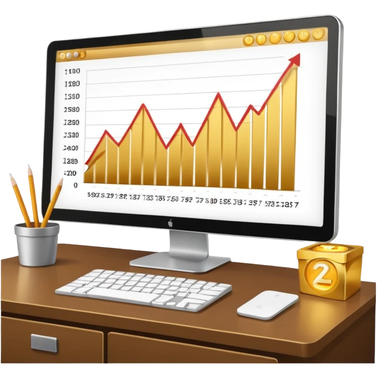 Mach mir einen schreibtisch mit einem bildschirm drauf wo mann einen Chart sieht von Gold emoji