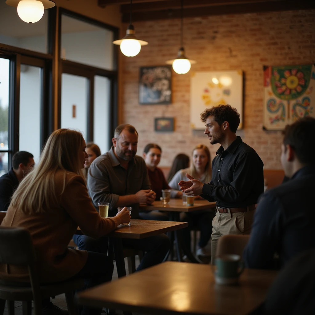 a person talking to a group in a cafe emoji
