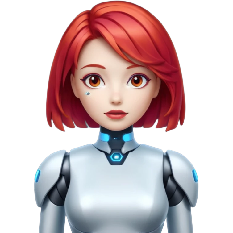 an AI robot, futuristic, digital, glowing, sexy dress, red hair emoji