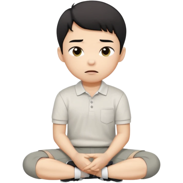 A cartoon young Asian boy with short black hair, light beige skin, and large expressive eyes, wearing a white polo shirt, gray pants, and black shoes. He sits cross-legged on the ground, one fist resting on his cheek, with a closed-mouth smirk. Clean lines, flat colors, solid black background. emoji