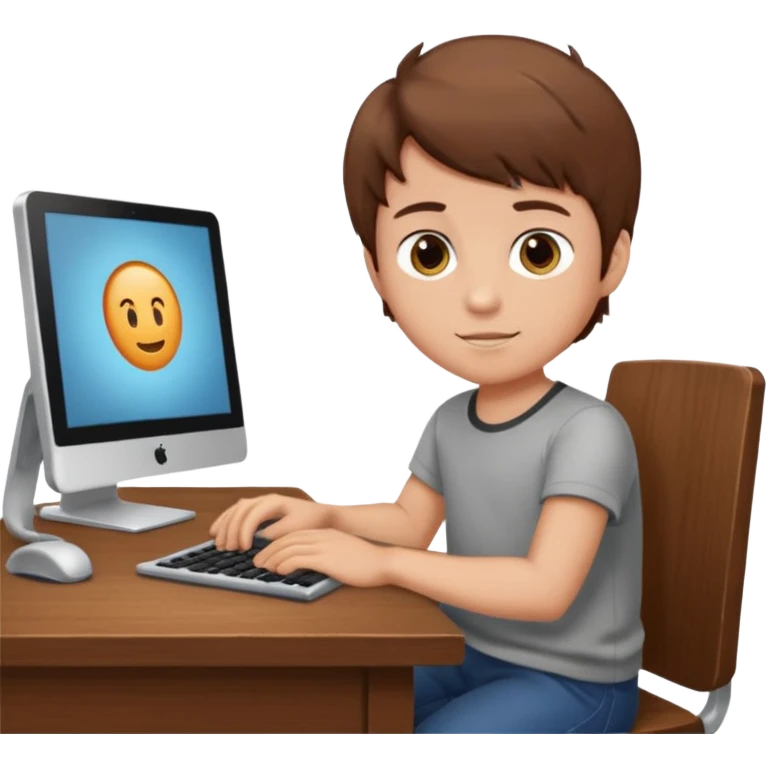 boy sitting at a desk with a computer emoji