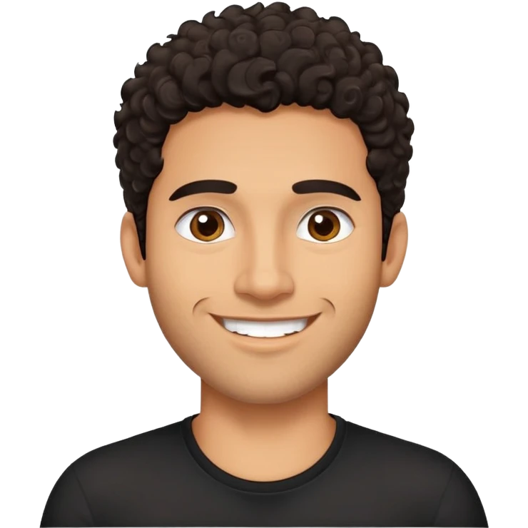 Hombre latino piel canela, cara redonda-ancha, scruff sin barba completa, cejas gruesas, pelo oscuro rizado hasta el cuello. Sonrisa amplia, expresión alegre. Camisa negra. Size large.  emoji