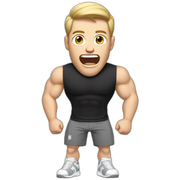 amazed Open with surprise mouth Pale skinned Fit Man With the biceps and dark brown hair in black shirt, gray sports shorts and white Sneakers emoji