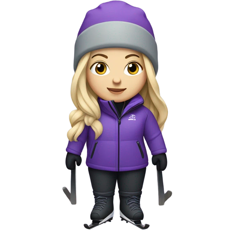 Chubby female long blonde hair skier with purpley-grey jacket and black pants showing full length emoji