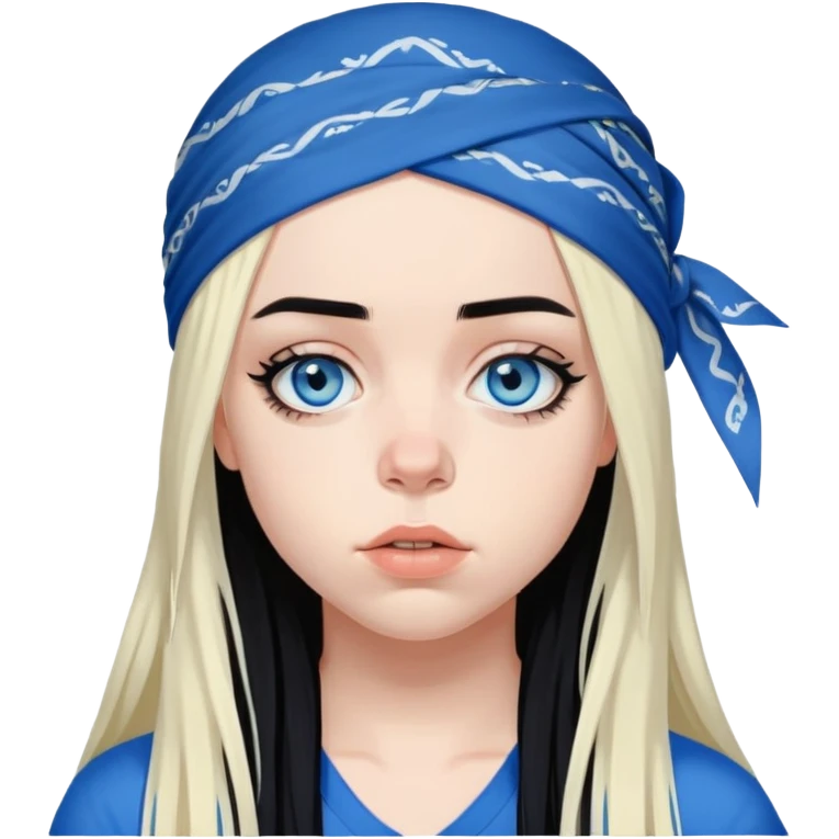 billie eilish blue eyes long black hair dark eyeliner makeup, wearing head bandana emoji