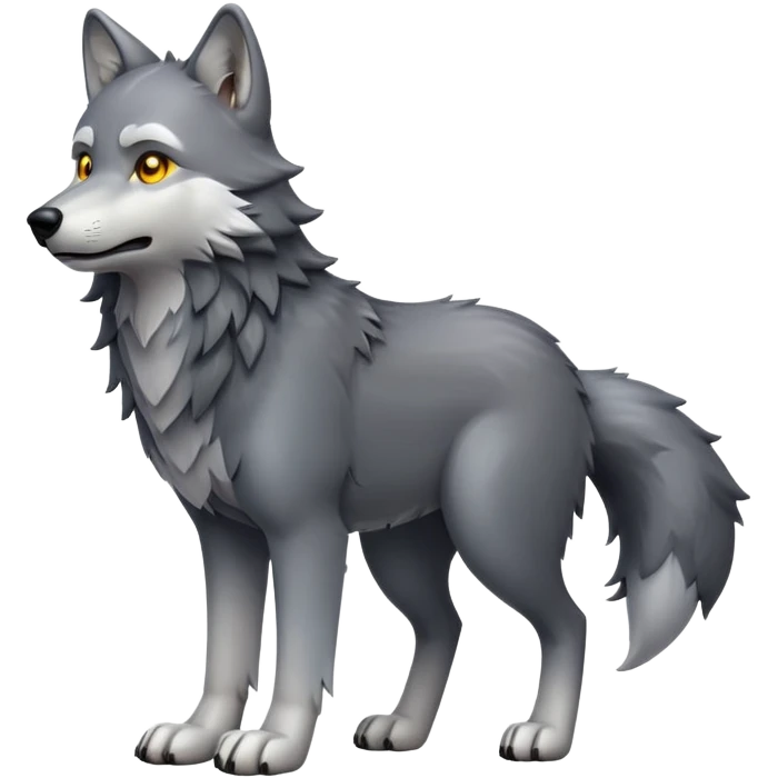 cinematic-[wolf]-realistic-full-body-standing-emoji,-tail-resting-loosely-beside-its-paws,-head-tilted-dramatically, -scruffy-[grey]-fur,-simplified-yet-realistic-focused-features,-highly-detailed,-glowing-with-an-almost-sarcastic-glow emoji