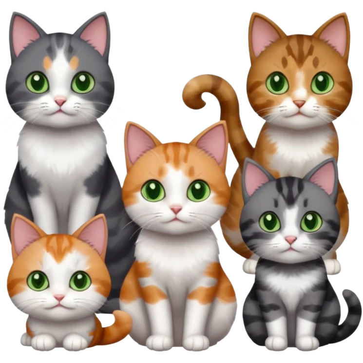 6 different coloured small cats including a dark grey and white, and a patchy calico, and a brown tabby and white,  and a completely solid dark grey with green eyes and only white paws emoji