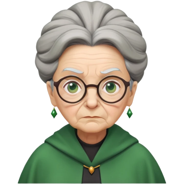 Stern elderly witch professor with glasses, tight bun, green robes, frowning with disapproval emoji