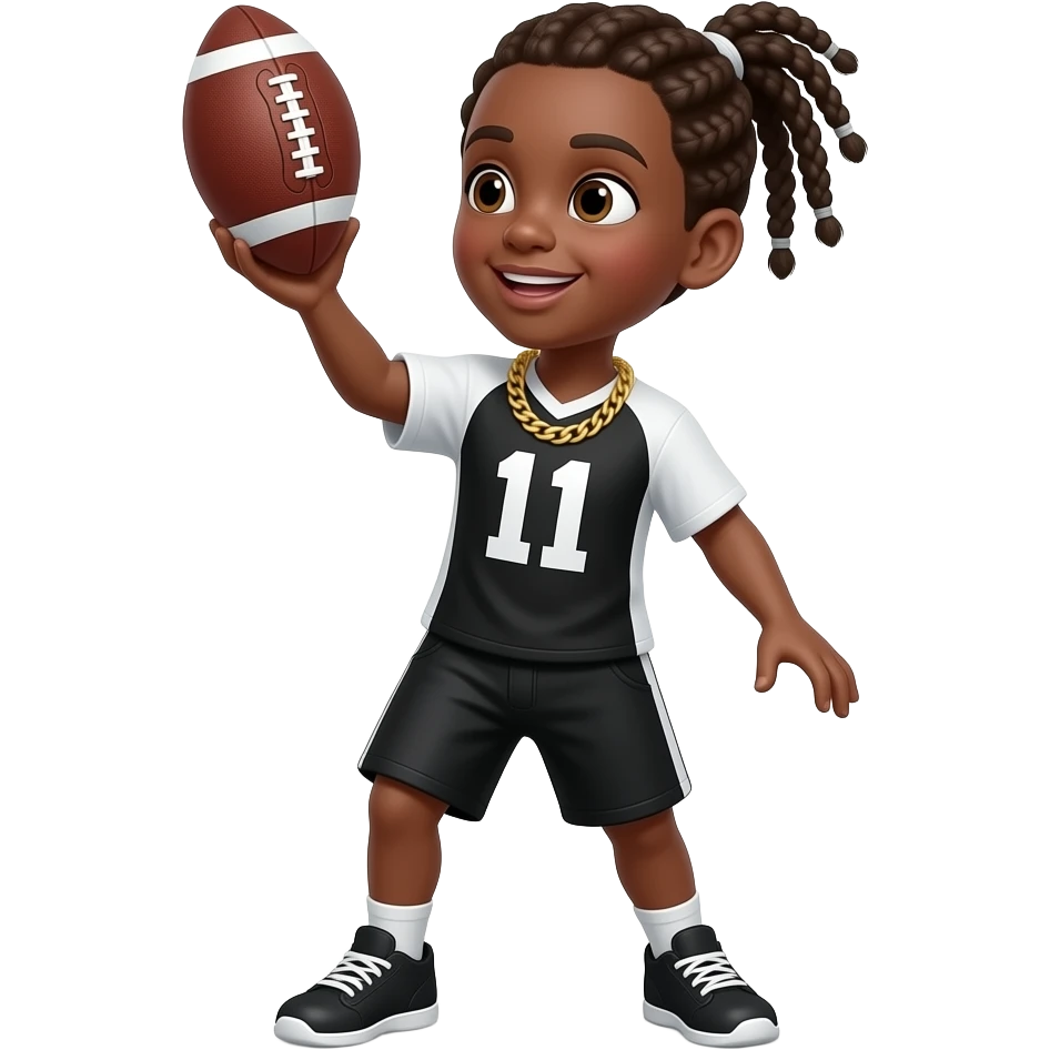 Brown skin kid with braids with a black and white jersey and black shorts and gold chain #11 catching a football emoji