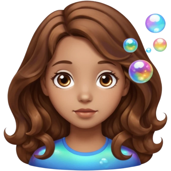 girl with brown wavy hair in a side part with big brown eyes looking off to the side with bubbles on both sides of her emoji