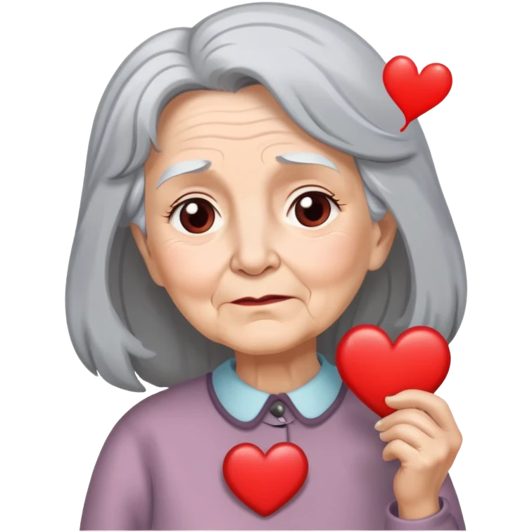 Happy old lady with long hair, heart thought bubble emoji