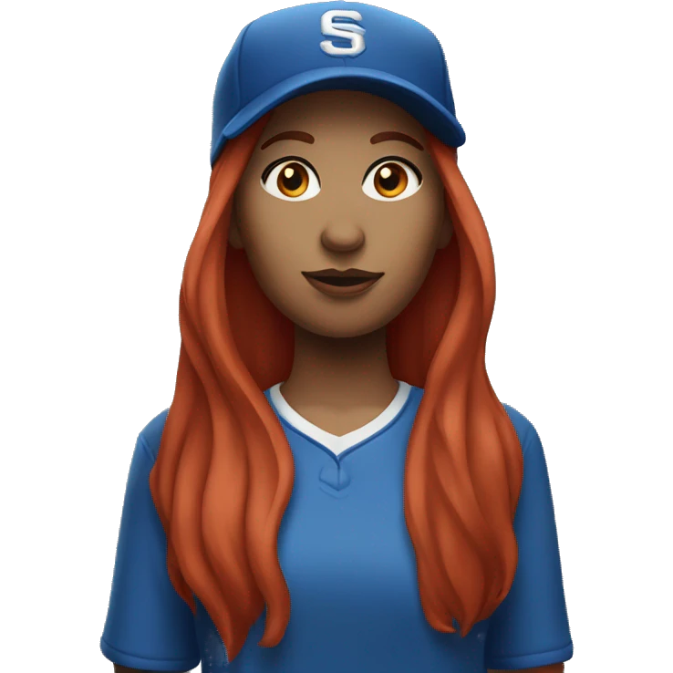 front facing standing up female coach with long red hair, wearing a white t-shirt and a simple baseball blue hat emoji