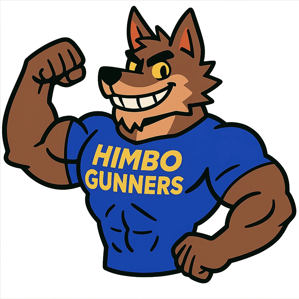 super buff wolf furry, flexing, wearing a t-shirt that says 'Himbo gunners', smiling confidently emoji