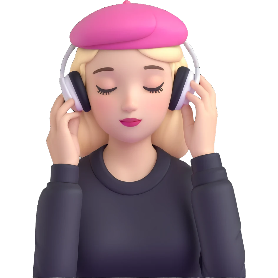 girl wearing a pink beret and AirPods Max headphones, listening to music with closed eyes emoji