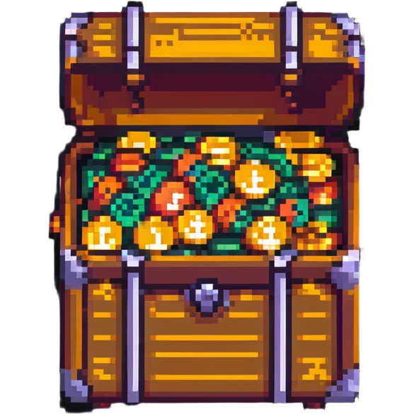 treasure chest overflowing with cryptocurrency coins, representing trading success, pixel art style emoji
