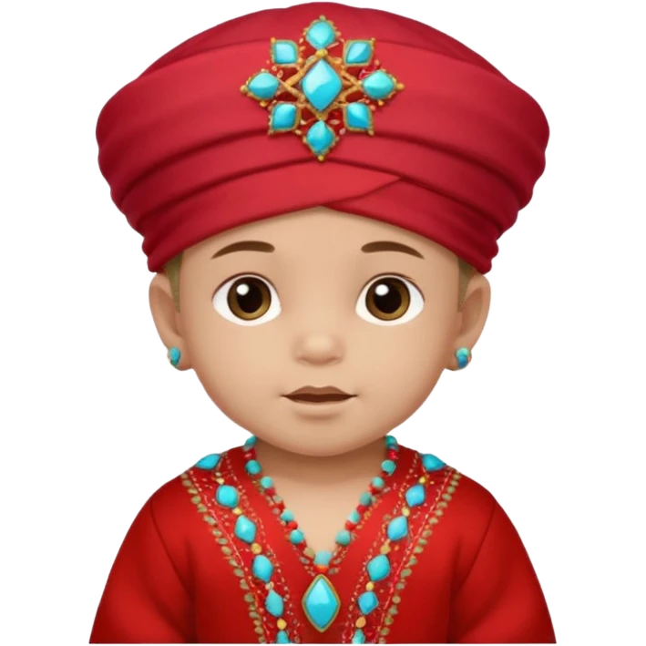  baby boy dressed in colorful ghalibiya with delicate decorations with a red Moracain hat  emoji