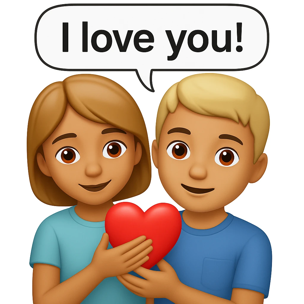 Add a speech bubble with the greeting 'I love you!' to the image, keeping the emoji style happy and affectionate emoji