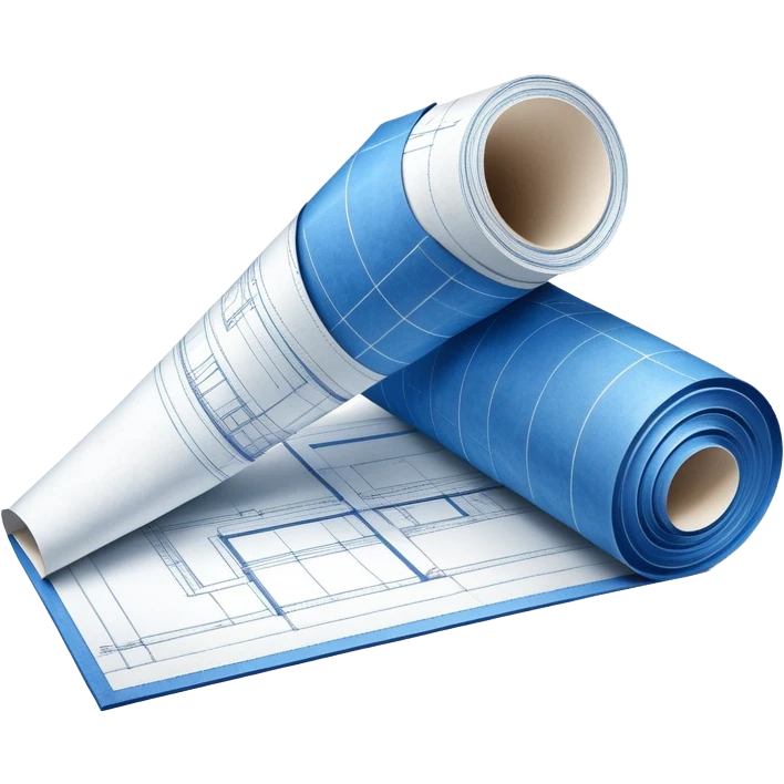 half rolled up blue blueprint plan with white architectural lines, perspective angle emoji