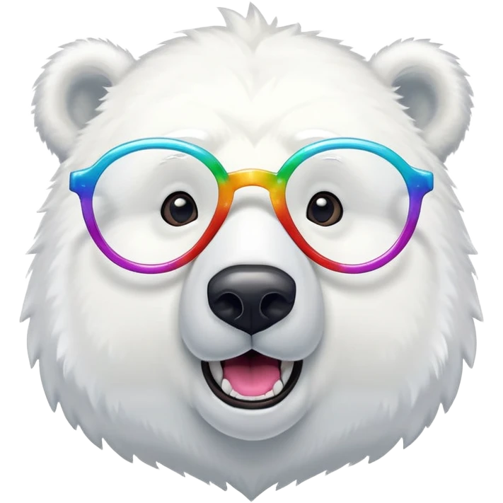 close up headshot of a friendly anthropomorphised polar bear with excited expression wearing large multicolored star-shaped glasses emoji