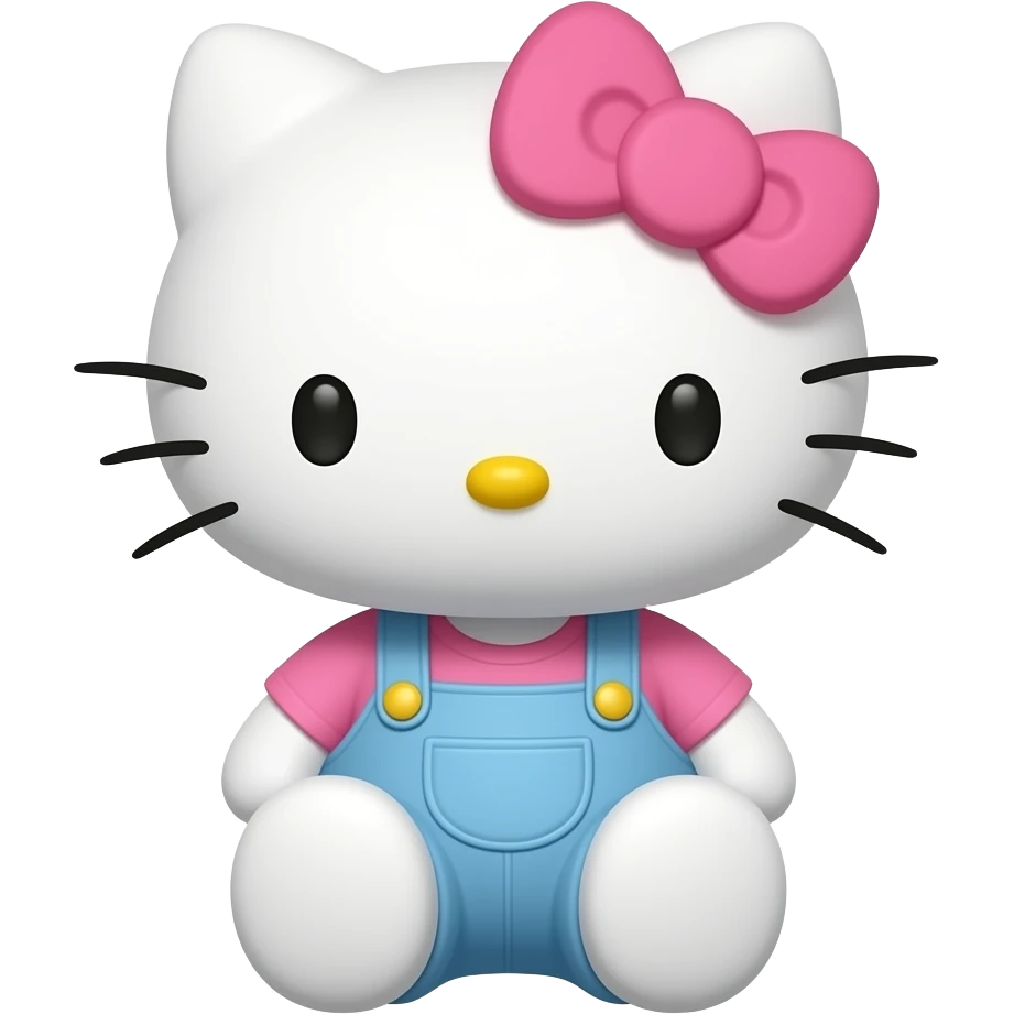 hello kitty sitting down wearing light blue overalls and a pink shirt with a pink bow emoji