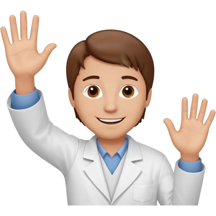 Hombre con bata blanca piel clara y cabello café saludando emoji