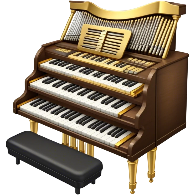 Create an elegant and majestic emoji representing a classical organ. The design should feature the grand pipes of the organ in the background, with visible details of the keys and pedalboard in the foreground. The pipes should be tall and impressive, with a mixture of gold, silver, and metallic shades to emphasize the grandeur of the instrument. The keyboard and pedals should be well-defined, capturing the intricate craftsmanship of the organ. Use dark wood tones and gold accents for the body of the instrument to give it a rich, historic feel. Add subtle musical notes around the organ to evoke its deep, resonant sound. The background should be transparent. emoji