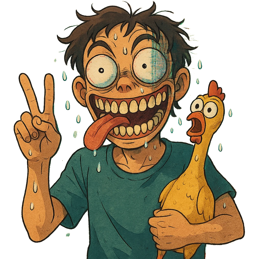 ghibli style bulging eyes, unhinged grin, too many teeth, one eyeball twitching, tongue out sideways, sweating, glitching, peace sign, holding cursed rubber chicken emoji