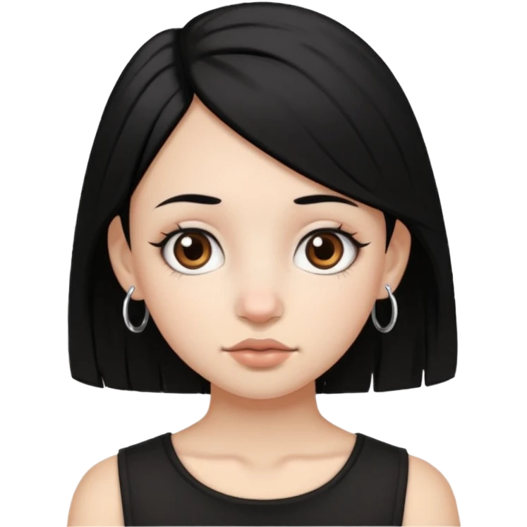 Franja, cabelo preto,cor de pele branca,pirceng de argolinha no nariz,olhos grandes castanhos emoji