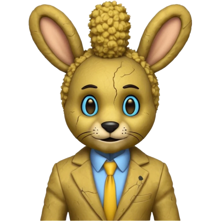 springtrap yellow damage hare suit with hare ears blue eyes with strands of 3C afro textured hair size of a small toothpick sttcking up emoji