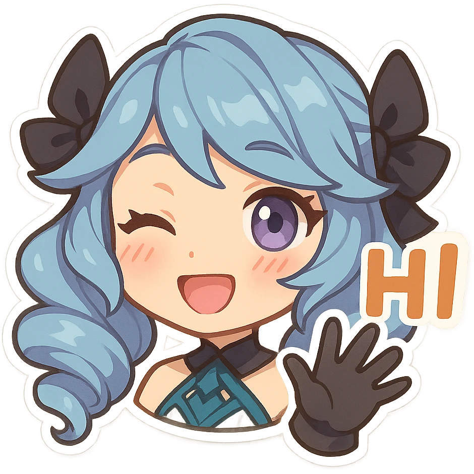Gwen from League of Legends, chibi style, only head, right eye purple, one hand waving with glove, hi emote, blushing and smiling, no text emoji