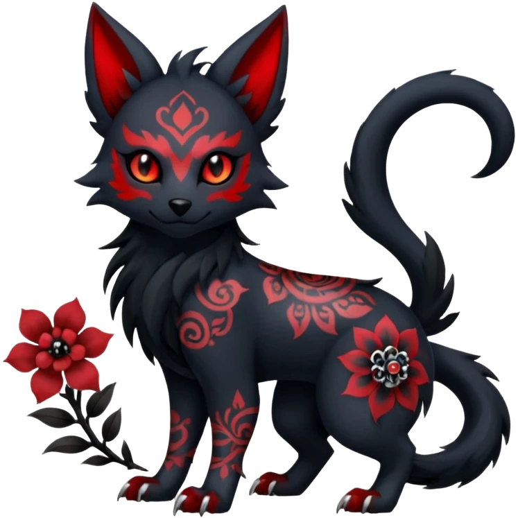 Asian-painted tattooed oriental Floral gothic edgy emo cool and ruby-jewelry-adorned Absol-Litten-Zorua-Houndour-fusion-Fakemon-animal-creature  emoji