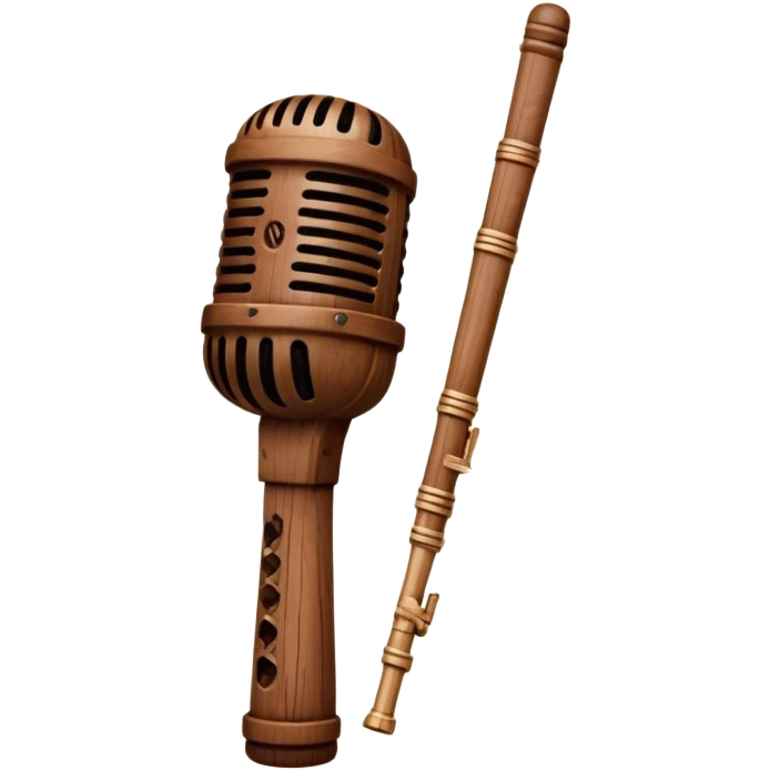 Create a traditional and warm emoji representing folk singing, using a humanless collage. The design should feature a rustic wooden microphone or an old-fashioned folk instrument like a balalaika, gusli, or a domra, placed alongside traditional elements such as a hand-woven scarf or a wooden flute. Include natural, earthy details like wildflowers, musical notes, and rustic textures, evoking the feeling of folk music in its purest form. Use warm, earthy colors like brown, gold, red, and green to create a cozy and organic vibe. The background should be transparent. emoji
