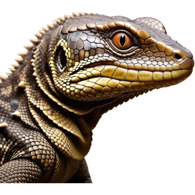 Cinematic Noble brown camo monitor Lizard Portrait Emoji, Poised and regal, with a robust, scaled body exhibiting striking, mottled patterns and piercing, alert eyes, Simplified yet sharp and sophisticated features, highly detailed, glowing with a soft, earthy glow, high shine, intelligent and formidable, stylized with an air of ancient wilderness, focused and commanding, soft glowing outline, capturing the essence of a watchful and confident reptilian guardian that appears ready to stride out of the screen with effortless authority! emoji