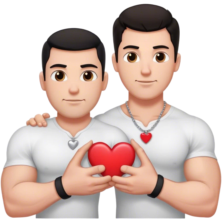 One large white muscular man with dark hair and a white shirt one and smaller white thin man wearing a black shirt each holding pieces of a heart shaped necklace that says best friends forever  emoji
